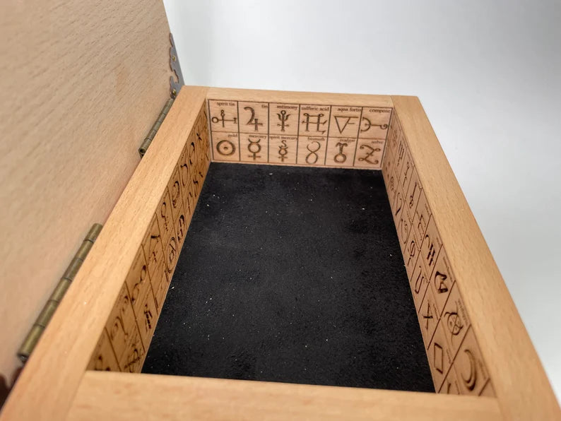 Alchemy symbols box engraved on wood, occult sign, alchemical symbols with zodiac coins, wooden alchemy tarot deck holder. - Forgotten Engravings alchemy-symbols-box-engraved-on-wood-occult-s