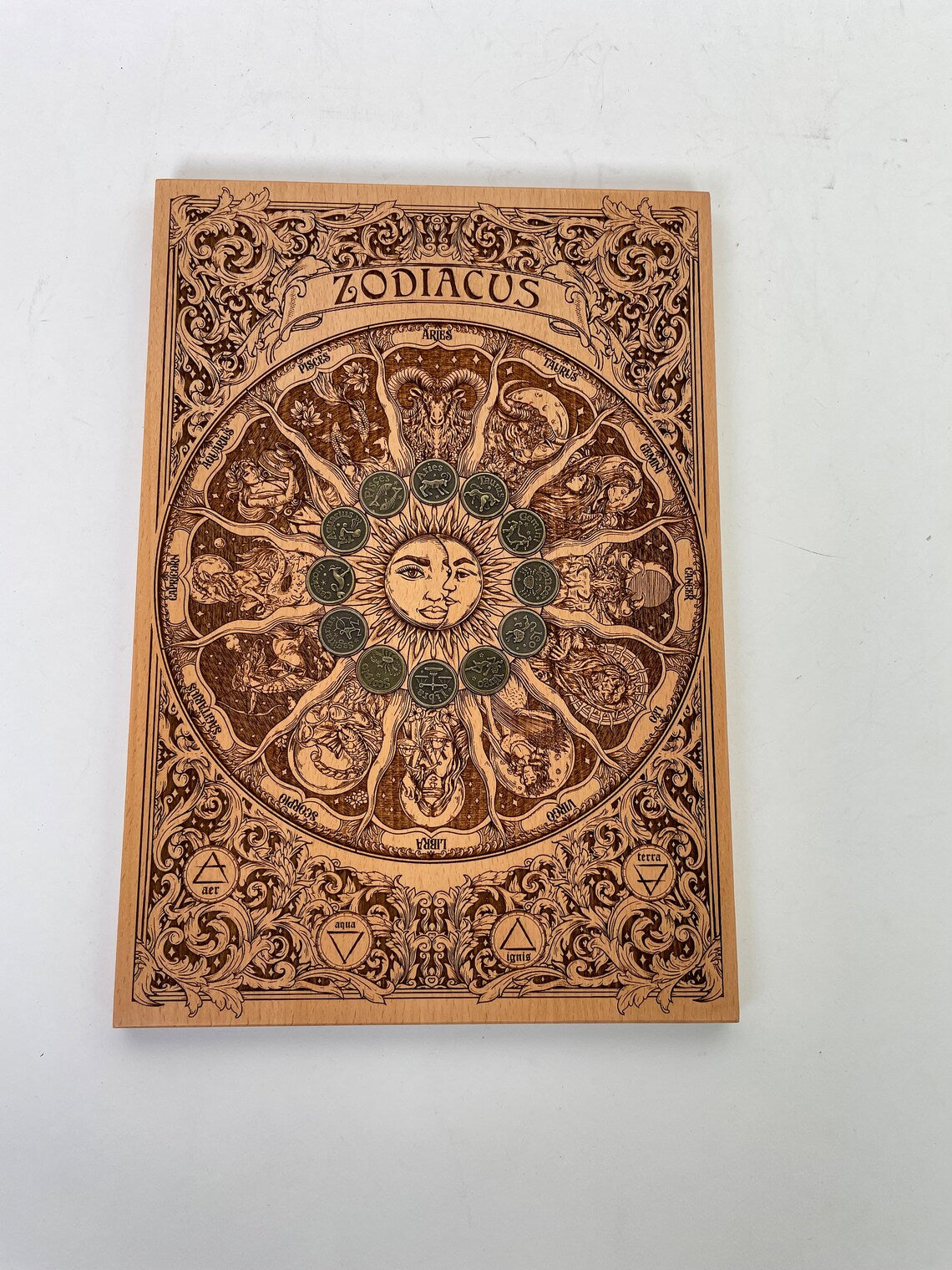 Wheel of the zodiac wall decor with alchemy horoscope symbols and metals zodiac coins engraved in solid wood Alchemical zodiac wiccan decor - Forgotten Engravings