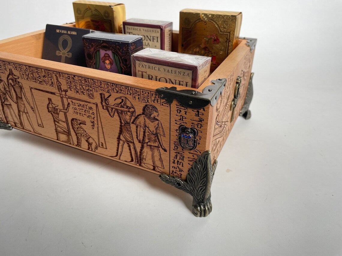 Tarot and Oracle Deck Organizer for multiple decks 12 slots engraved in solid wood with Egyptian book of the dead, tarot deck holder, display - Forgotten Engravings
