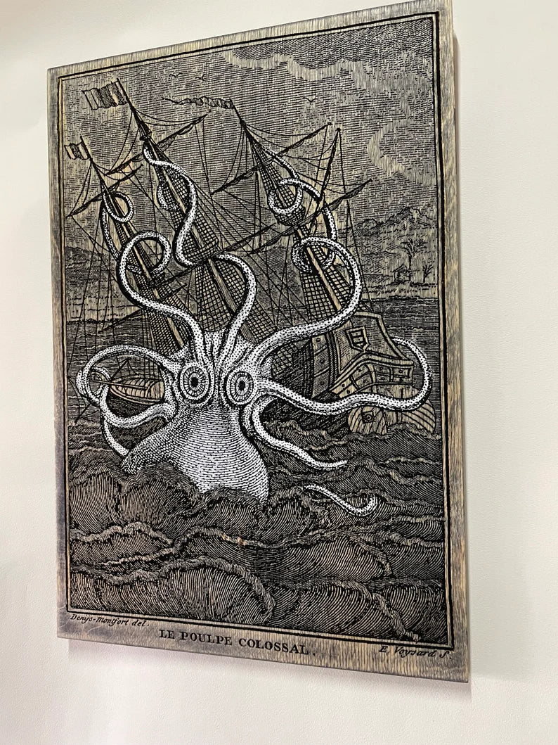 Kraken Giant octopus art,octopus attack, Le Poulpe Colossal Reproduction engraving (1801),Vintage Octopus engraved on wood and hand painted. - Forgotten Engravings kraken-giant-octopus-art-oc
