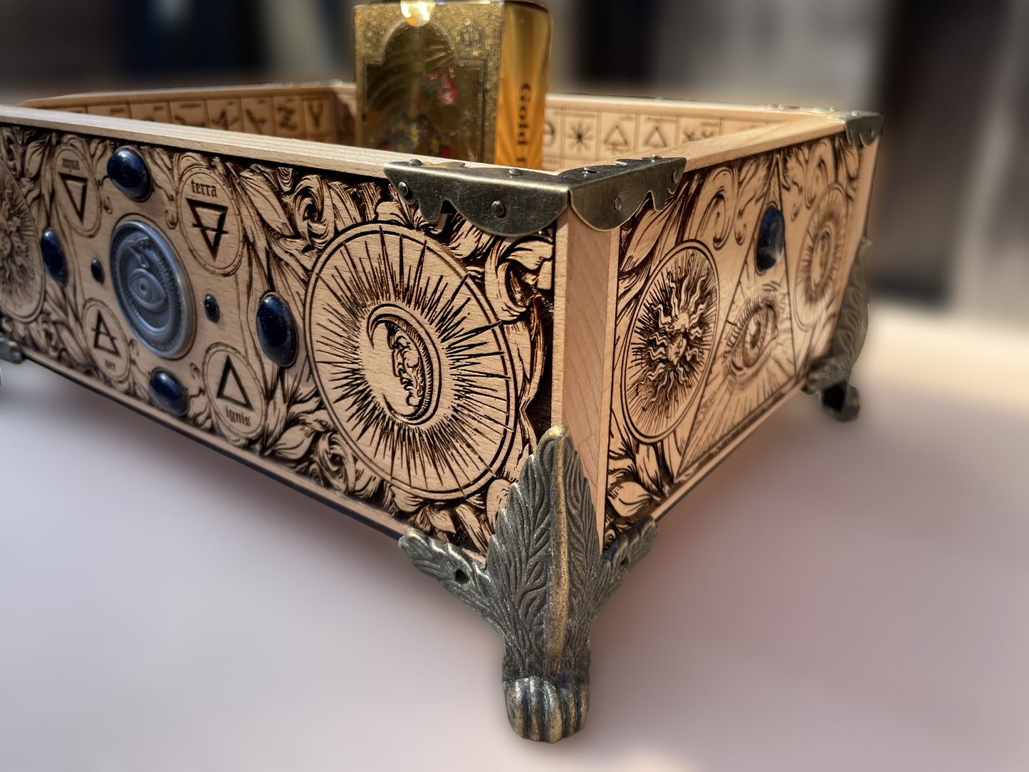 Tarot & Oracle Deck Organizer – Multiple 12-Slot Solid Wood Storage with Ouroboros Alchemy Symbols - Forgotten Engravings