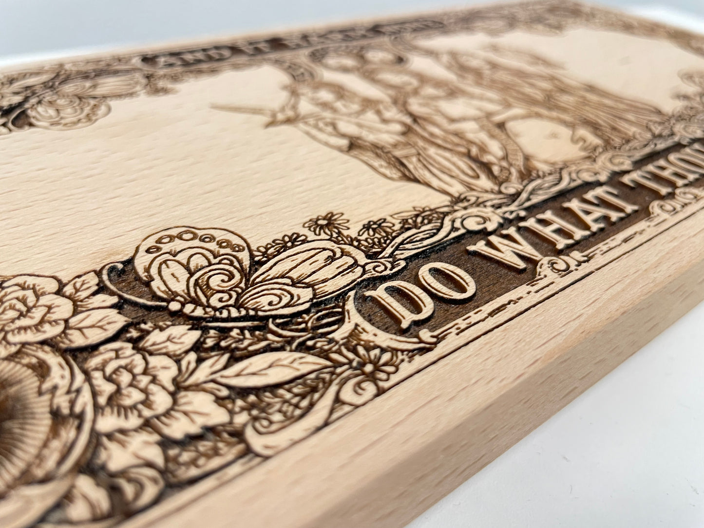 Altar table carved with Triple Moon Goddess, wooden Ritual Table or Crystal Holder and it harm none .