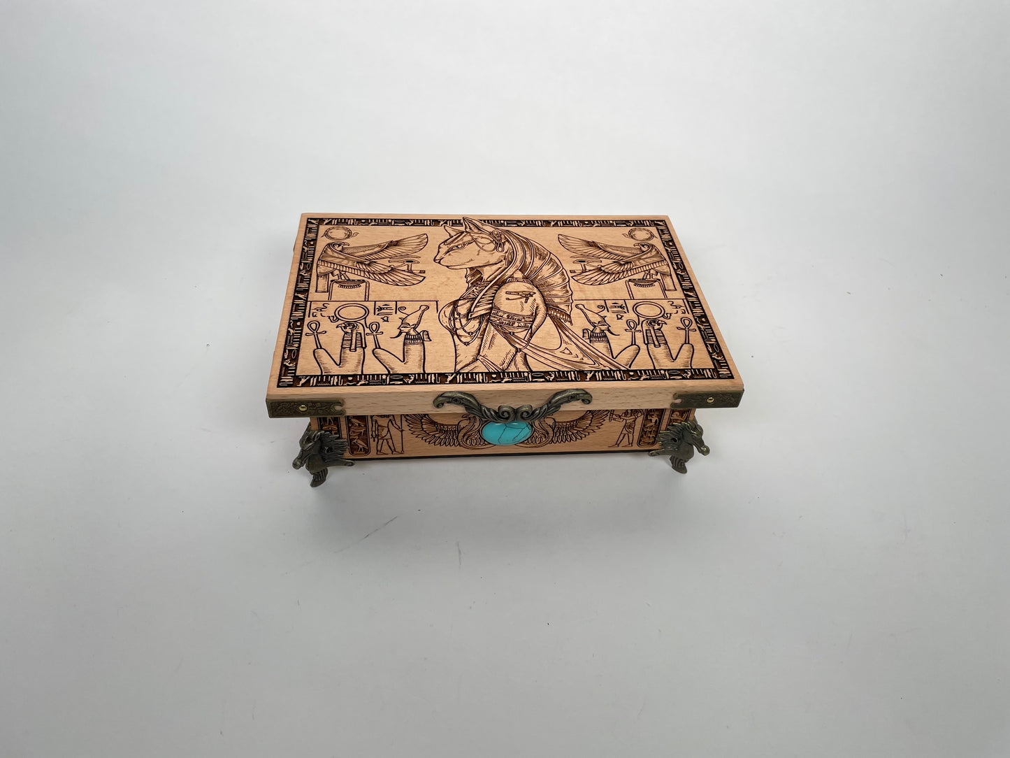 Bastet Egyptian Altar Table with Storage – Engraved Wooden Ritual Table & Tarot Deck Holder with Hieroglyphs