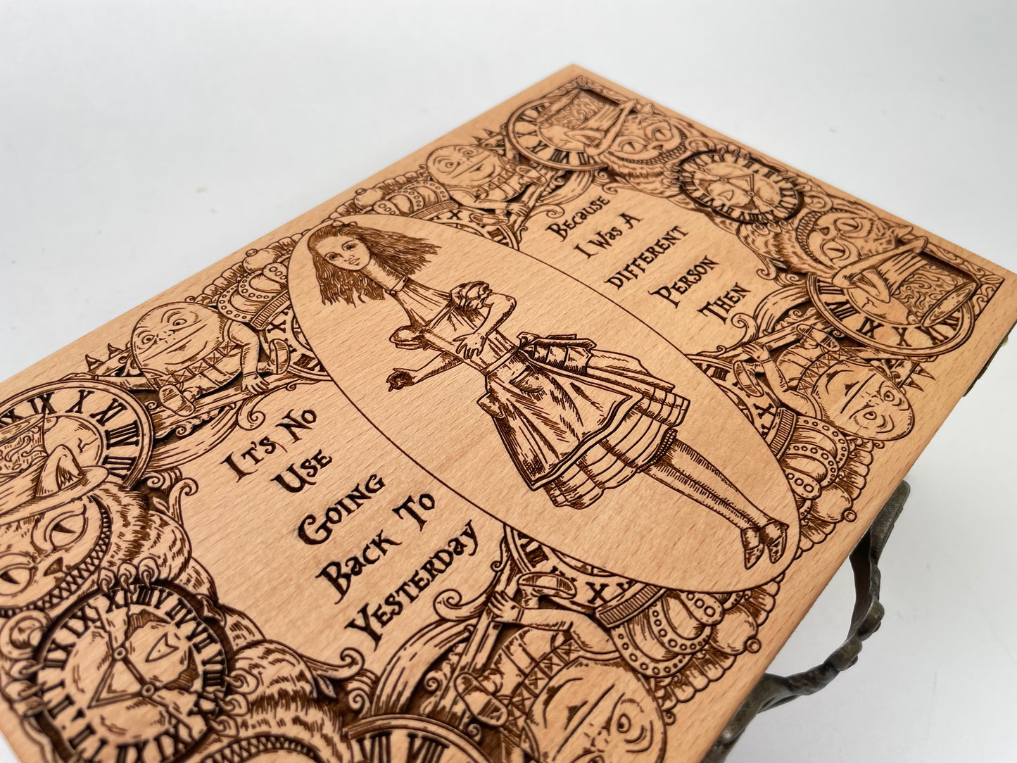 Alice in Wonderland gift Wooden Jewelry Box ,Decor Tarot Holder Deck Box Engraved Wooden for Crystals Lewis Carroll Wonderland Gifts