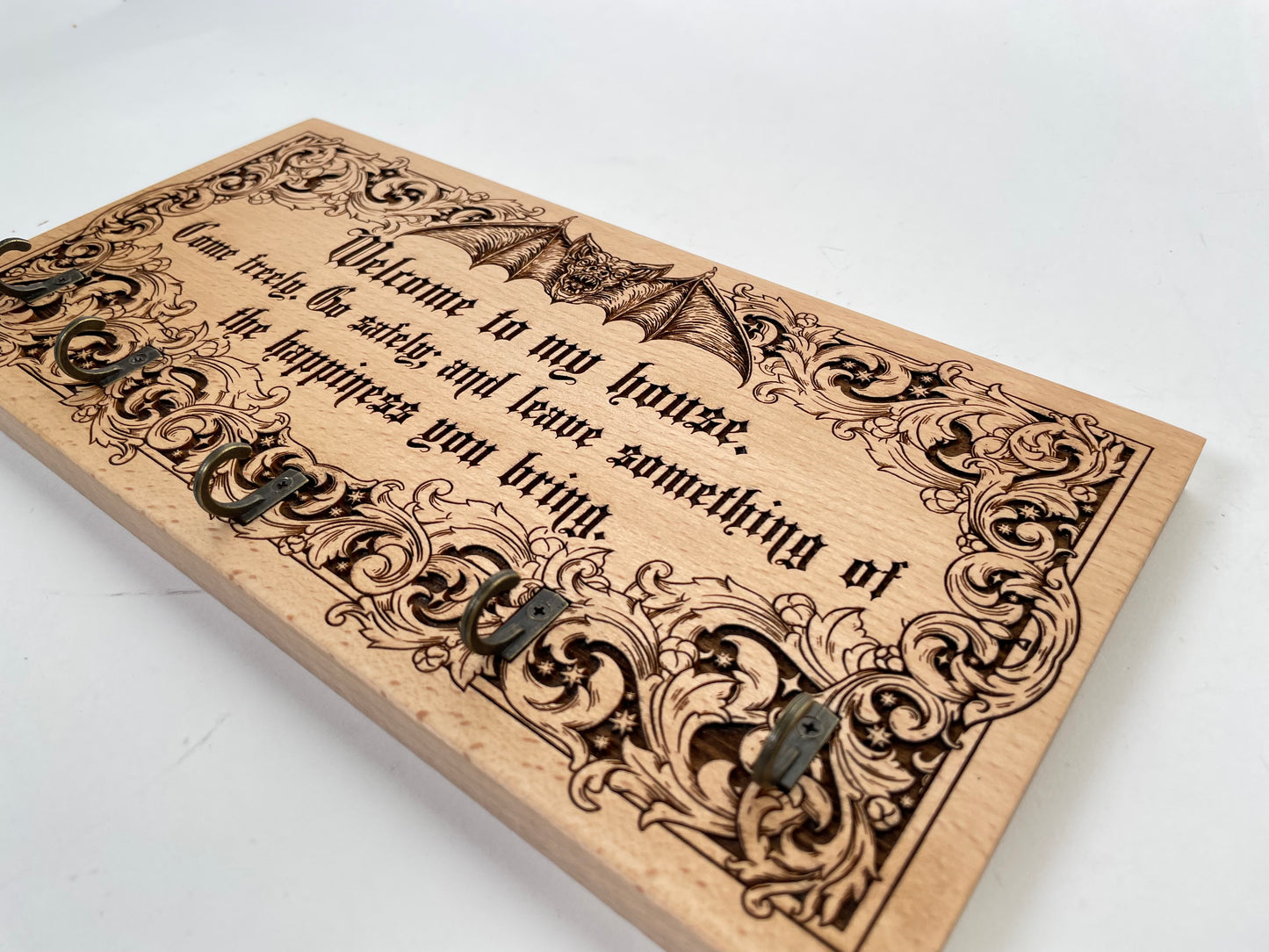 Dracula Quote Welcome Key Holder – “Welcome to My House” Engraved Wooden Wall Sign