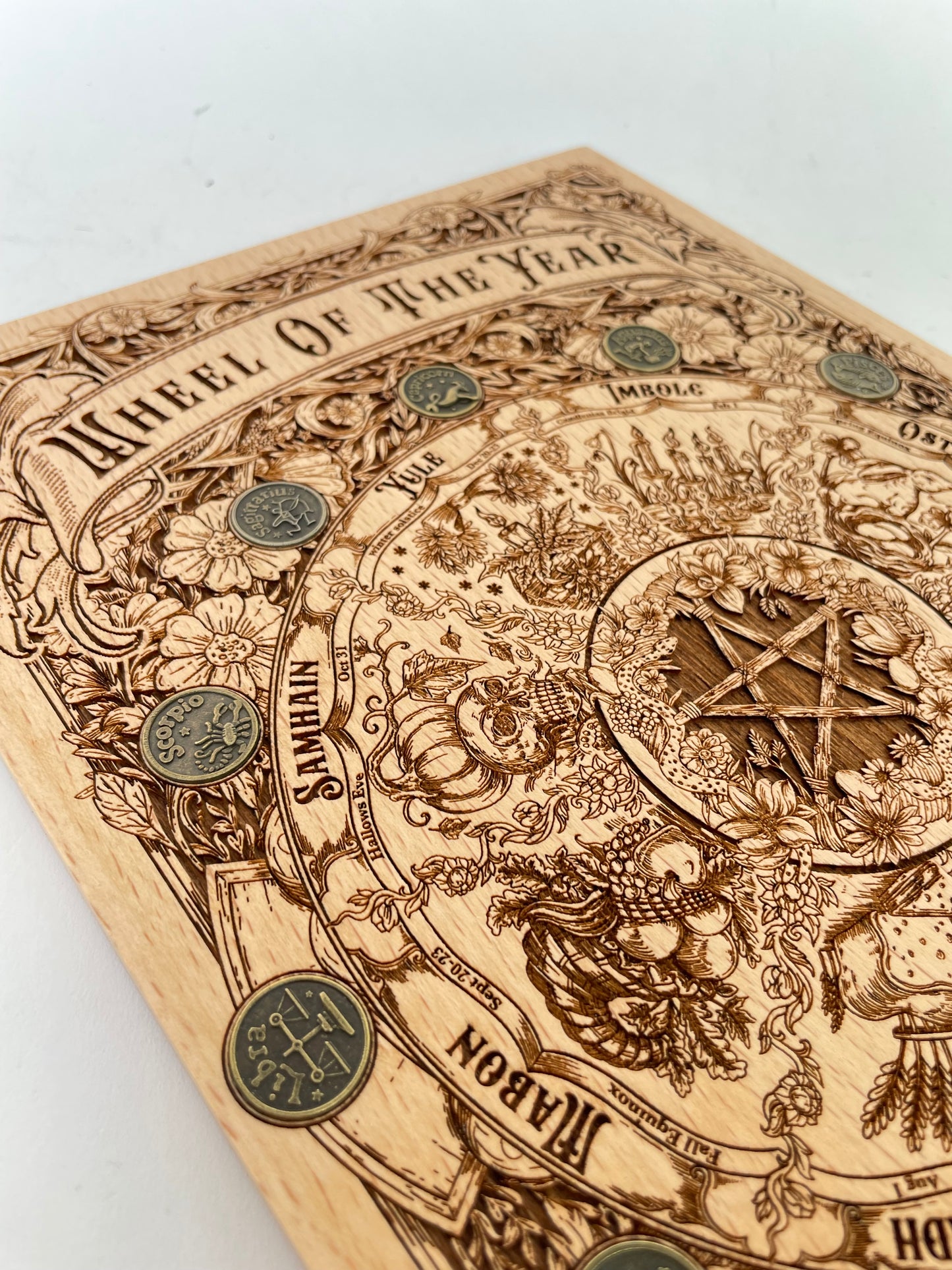 Wheel of the Year Wiccan Wall Art – Solid Wood Seasonal Pagan Calendar