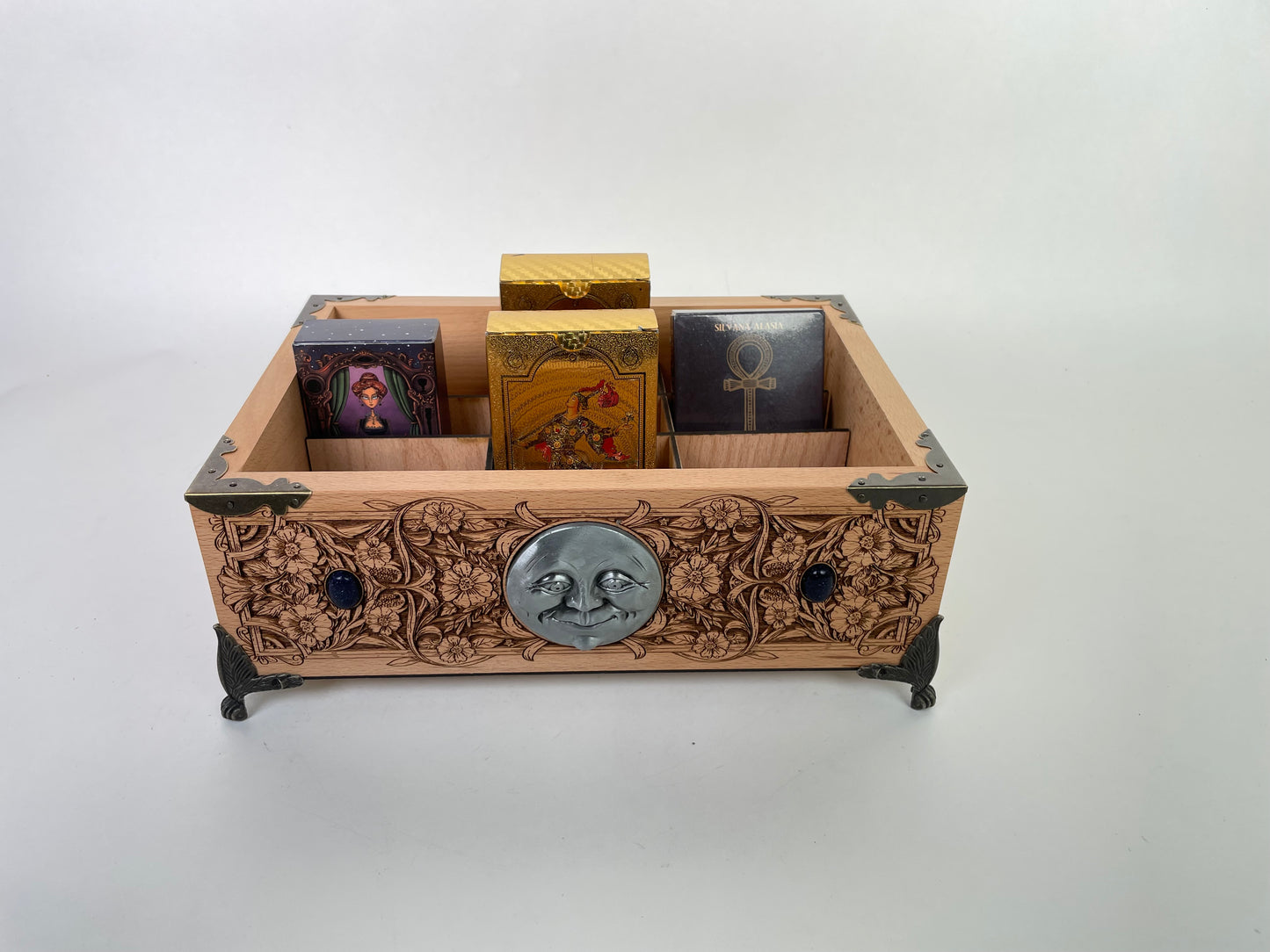 Multiple Tarot & Oracle Deck Organizer — Wooden Deck Holder Box with Altar Decor