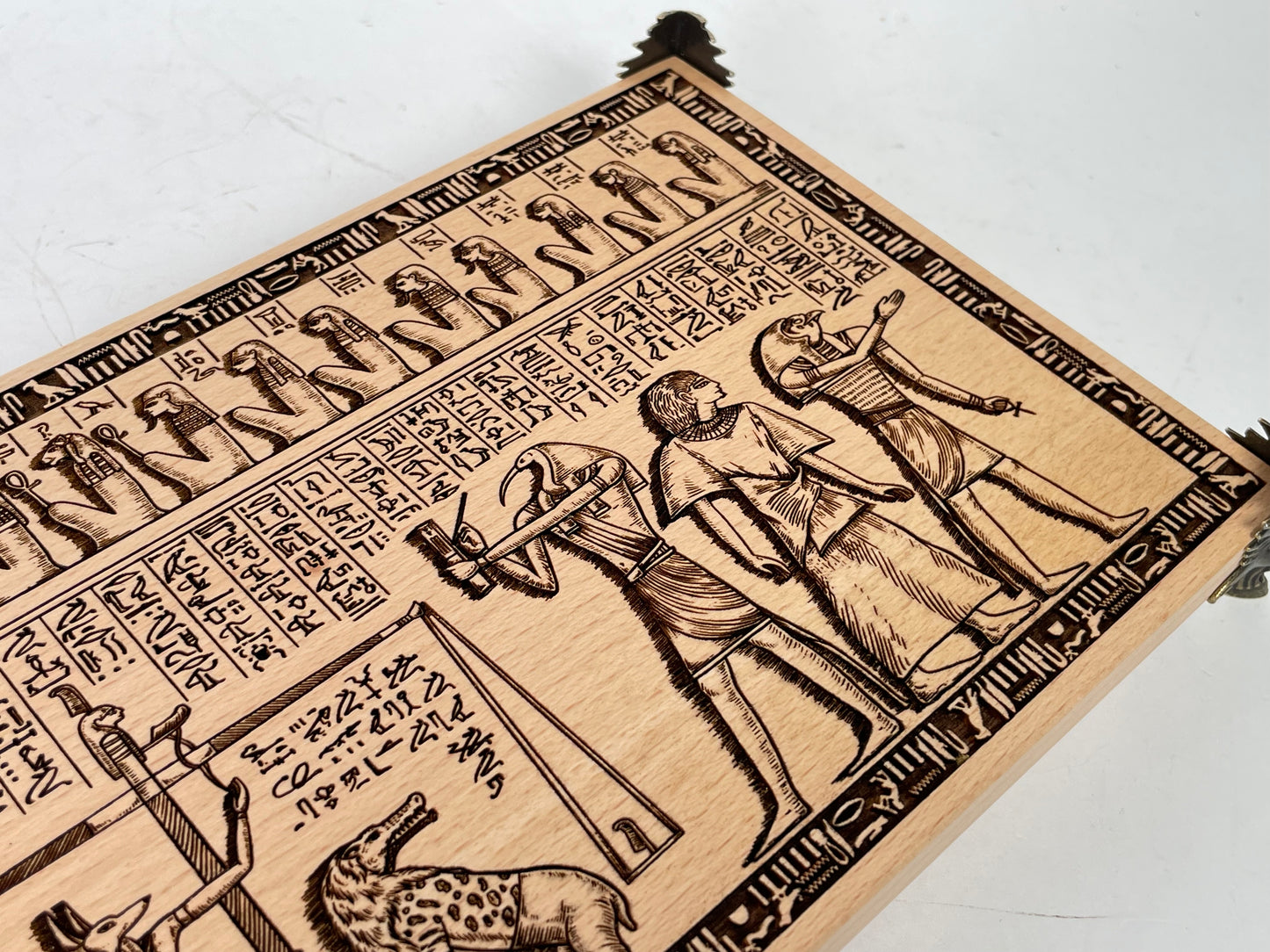 Book of the Dead altar décor with Weighing of the Heart engraved ritual table