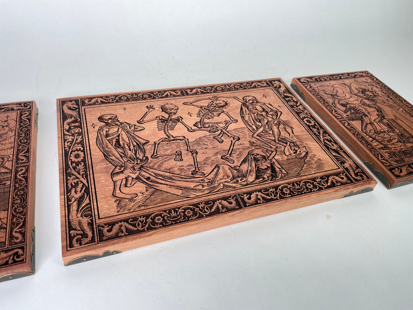 Danse Macabre Mahogany Wall Art – Medieval Dance of Death Triptych Engraved Wood Decor