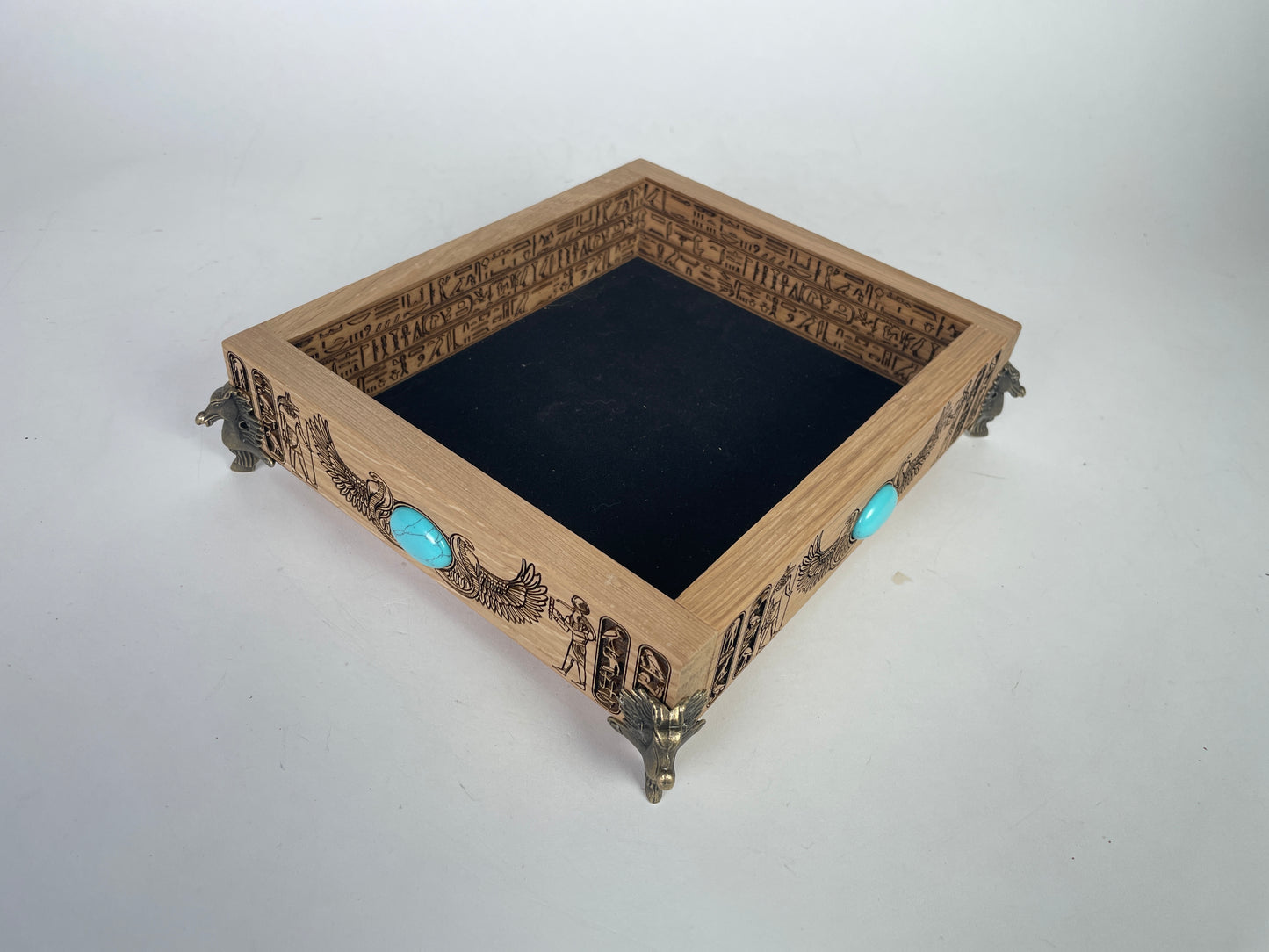 Egyptian Hieroglyph Solid Oak Valet Tray – Tarot & Altar Decor Handmade Gift