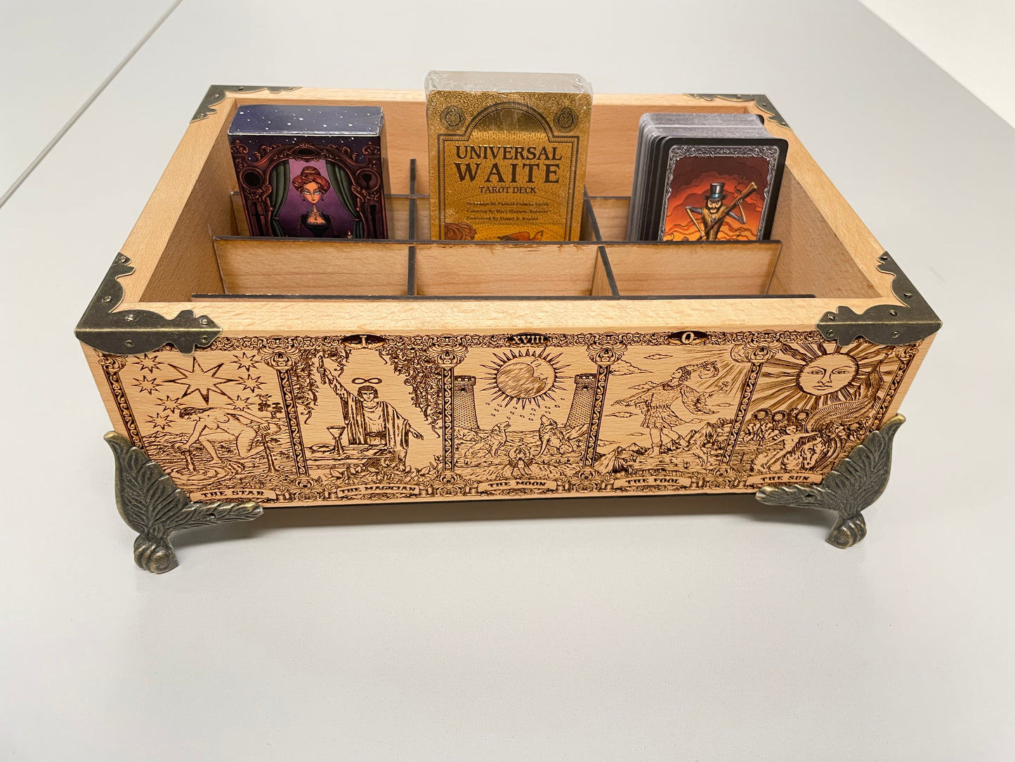 Tarot & Oracle Deck Organizer – 12-Slot Solid Wood Multiple Deck Storage Box with Major Arcana Engraving