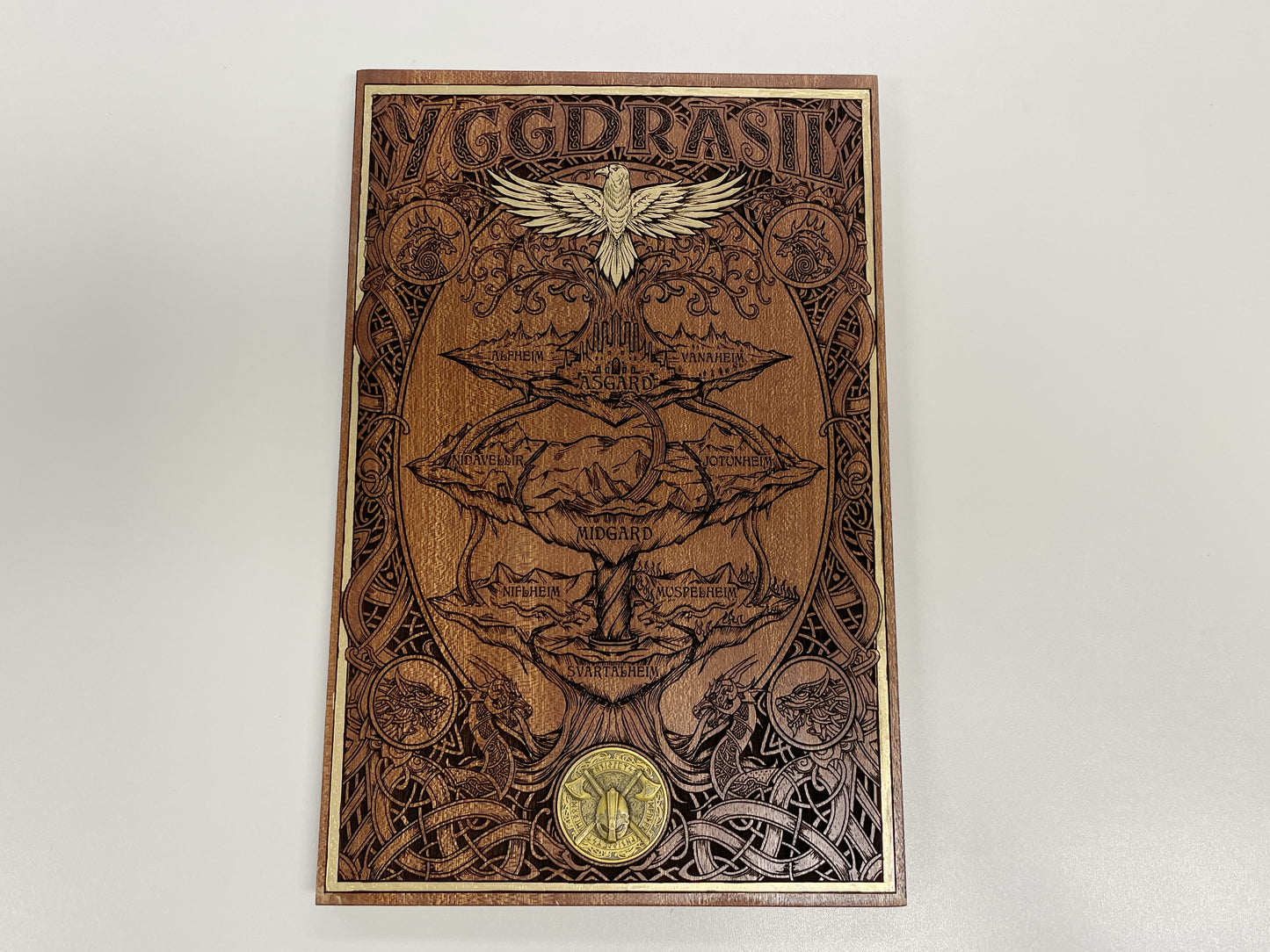 Yggdrasil Nine Realms – Mahogany & Gold Hand-Painted Tree of Life Norse Mythology Art