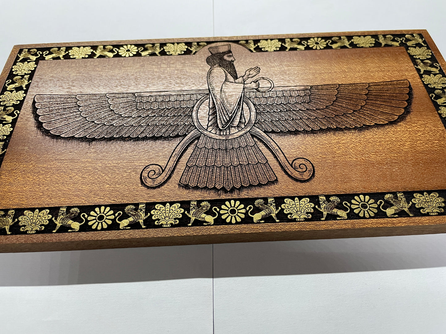 Ahura Mazda Faravahar Wall Art – Zoroastrian Persian Symbol Engraved Mahogany Wood