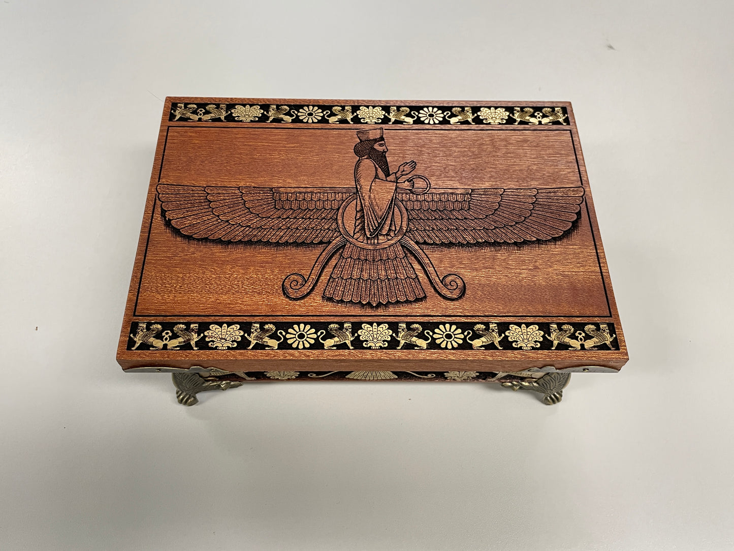 Ahura Mazda Zoroastrian Altar Box – Mahogany Ritual Storage Chest with Sacred Fire & Faravahar Engraving - Forgotten Engravings