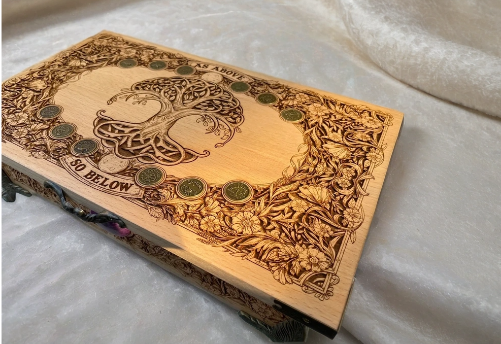 Tree of life As Above So Below Tarot Box | Wiccan Altar Chest | Pagan Yggdrasil Wood Box | Witchcraft Tarot Deck & Crystal Holder