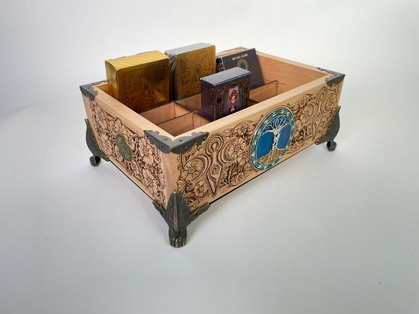 Tree of life Witchcraft Multiple Deck Organizer – Wooden Tarot & Oracle Storage Box with 12 Slots