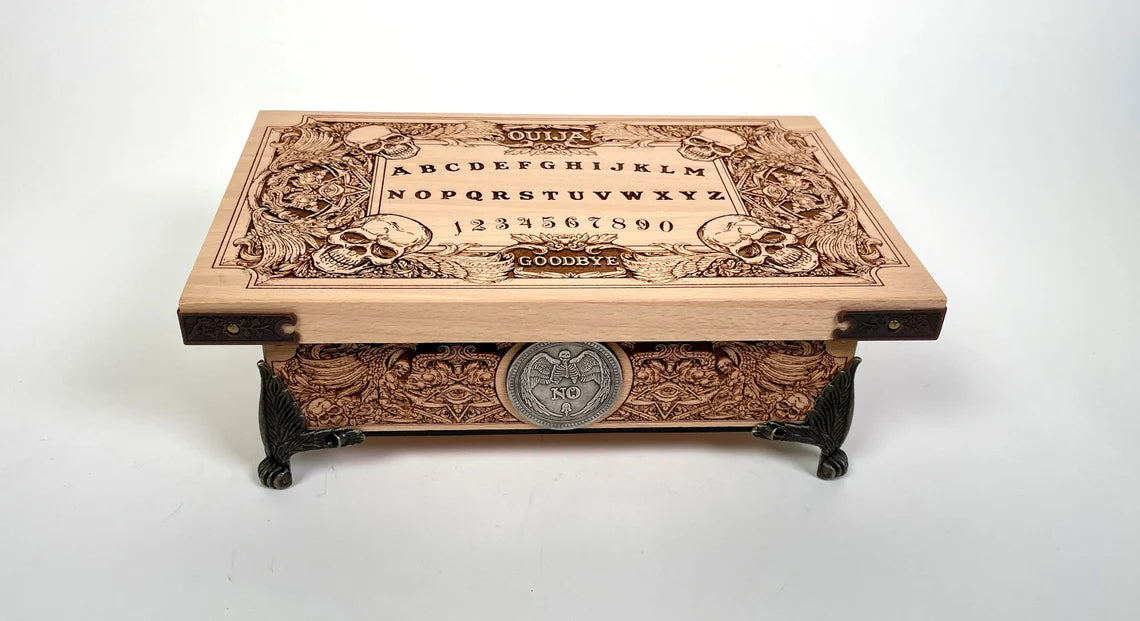 TAROT BOX with Ouija board cover engraved with demons and skulls in solid wood, wooden gothic Ouija board tarot box. - Forgotten Engravings tarot-box-with-ouija-board-cover-engraved-with-demo