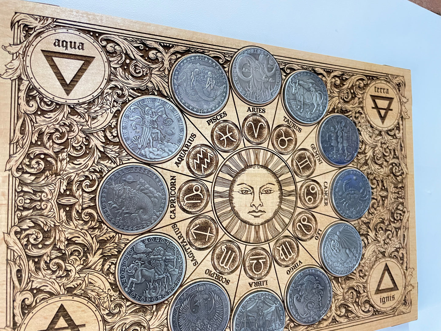 Alchemy symbols board laser engraved on wood, occult sign, Gothic alchemical symbols with zodiac coins, four elements. - Forgotten Engravings zodiac-wall-art, alchemical, alchemical decor, a