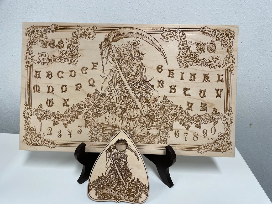 Santa Muerte Ouija board with demons and skulls wooden engraving, wood gothic skull spirit board, Santa Muerte art, Grim Reaper Ouija. - Forgotten Engravings santa-muerte-ouija-board-with-dem
