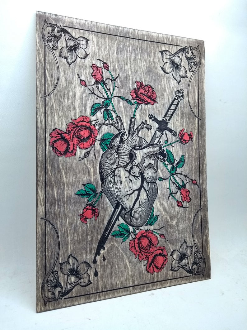 Gothic Home Decor Bleeding Heart Anatomical Heart Engraved On Wood Gothic Gift Tattoo Decor Dark Art Macabre Art Laser Engraving. - Forgotten Engravings gothic-home-decor-bleeding-heart-anato