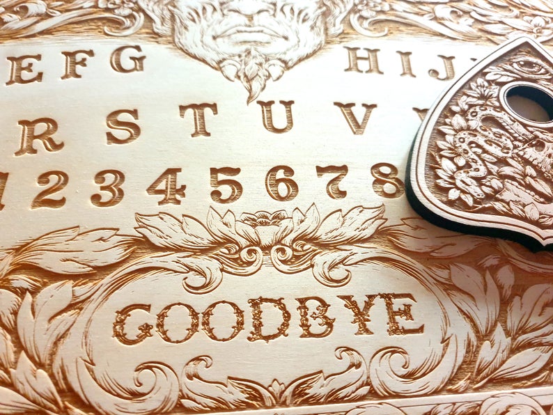 Ouija board with demon and skulls, spirit board wooden engraving, Baphomet Ouija, devil lucifer Ouija board. - Forgotten Engravings ouija-board-spirit-board-with-demons-and-skulls-wooden-engr