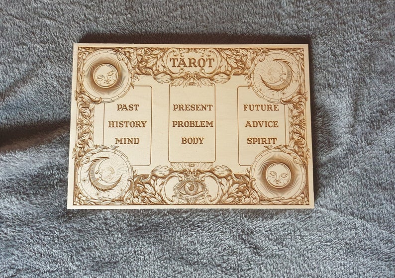 Tarot board, Original Wooden Tarot reading Board Three Card Spread. - Forgotten Engravings original-wood-tarot-reading-board-three-card-spread-1, engrave sign, gift, Home & Living, Home Decor