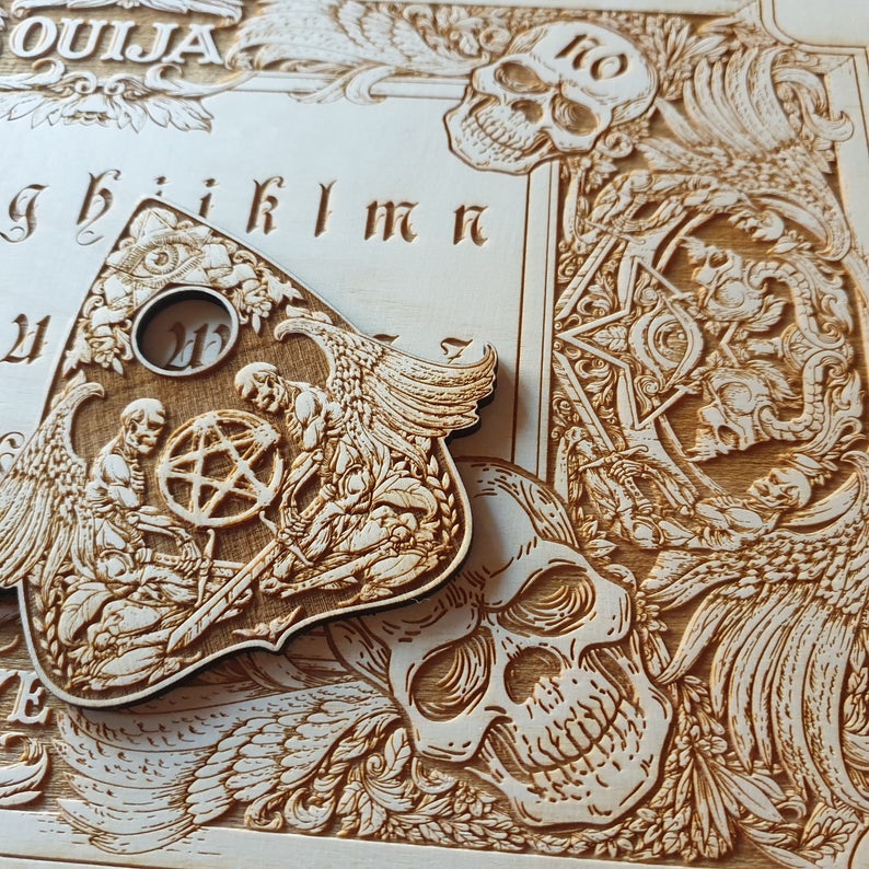 Ouija board with demons and skulls wooden engraving, wood gothic skull spirit board. - Forgotten Engravings ouija-board-spirit-board-with-demons, demon ouija board, engrave sign, gothic ouija