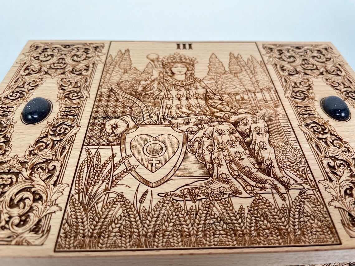 tarot deck storage engraved with the empress 