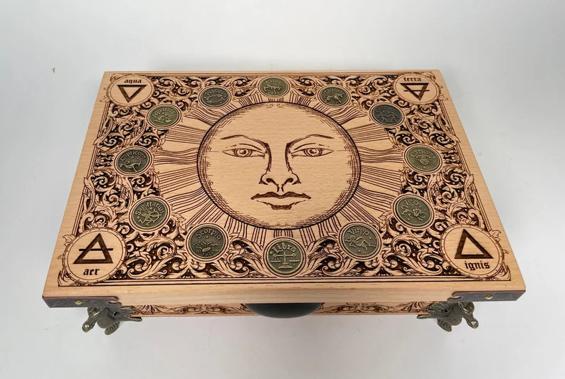 tarot gift box with zodiac coins engraved on wood