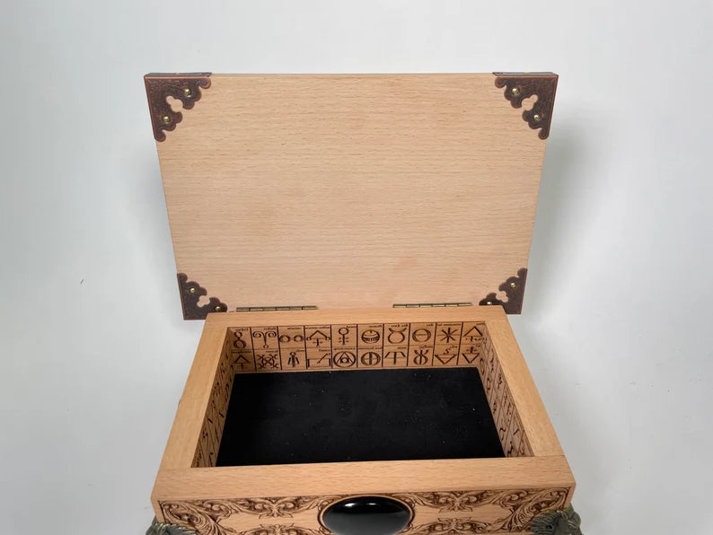 Alchemy symbols box engraved on wood, occult sign, alchemical symbols with zodiac coins, wooden alchemy tarot deck holder. - Forgotten Engravings alchemy-symbols-box-engraved-on-wood-occult-s