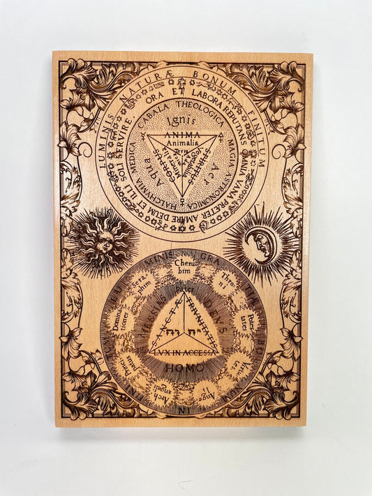 Alchemy symbols board laser engraved on wood ,occult sign ,Gothic alchemical Kabbalistic symbols ,magik art ,8.6 inch, Kabbalah art