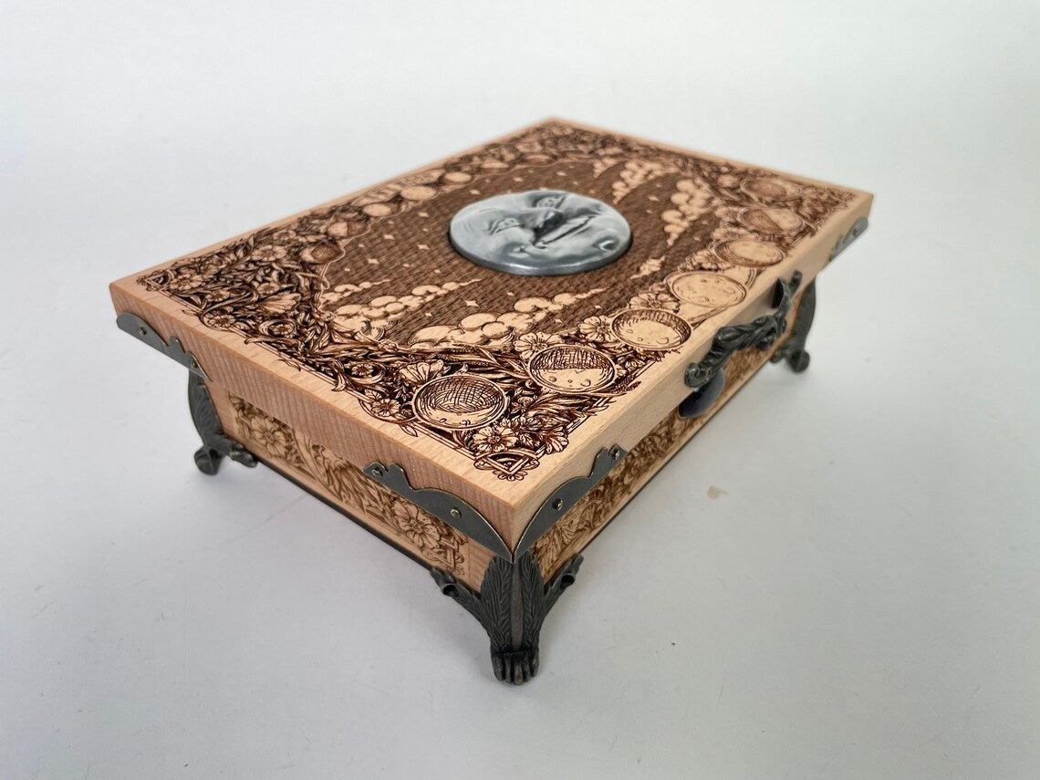 Happy Moon tarot deck storage, jewelry box, deck organizer engraved solid wood, custom tarot deck holder, moon phases, custom altar box - Forgotten Engravings