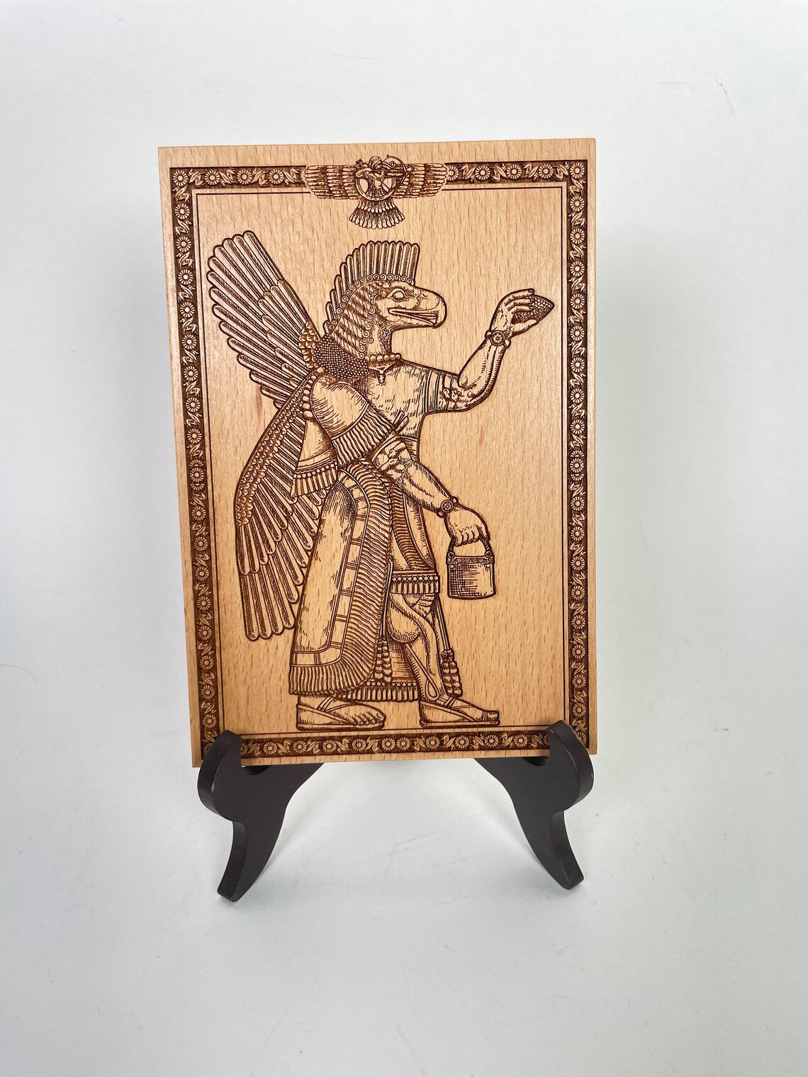 Winged sumerian god board engraved on wood, Ancient Aliens eagle headed genie art, 8.6 inch art