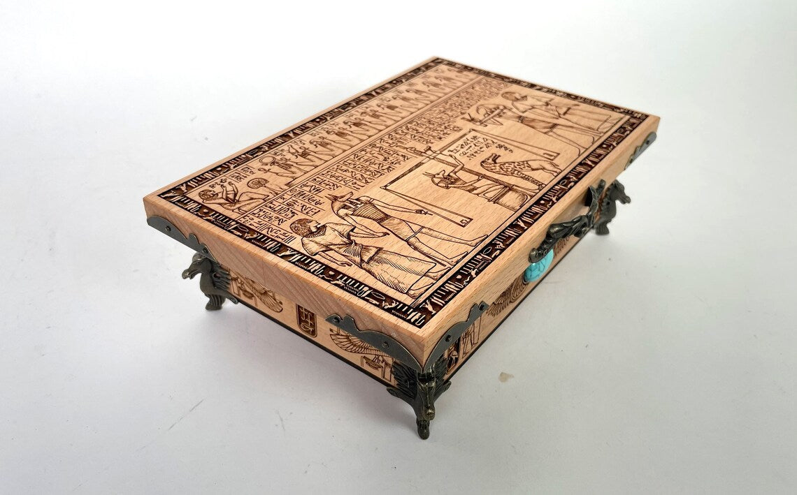 Egyptian Tarot box wood engraved with weighing of the heart and hieroglyphs  deck holder in solid wood, Egyptian art wooden tarot deck box.