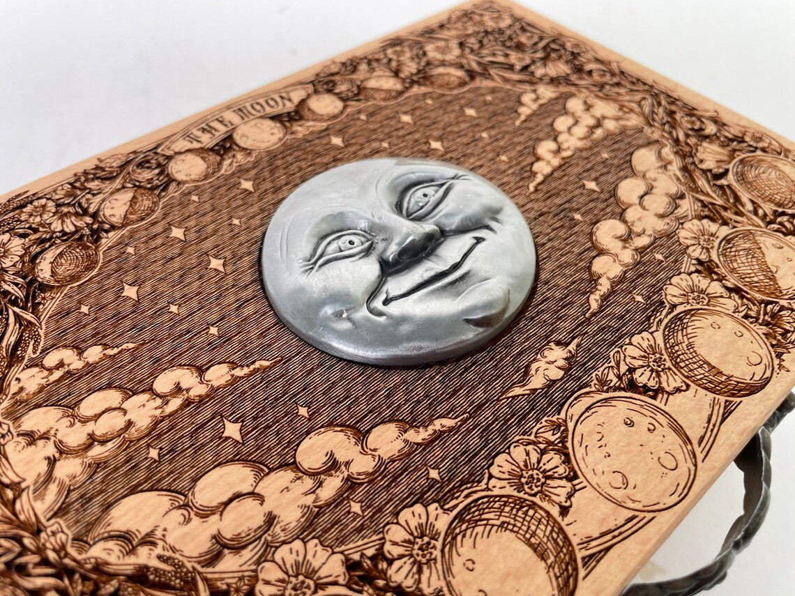 Happy Moon tarot deck storage, jewelry box, deck organizer engraved solid wood, custom tarot deck holder, moon phases, custom altar box - Forgotten Engravings