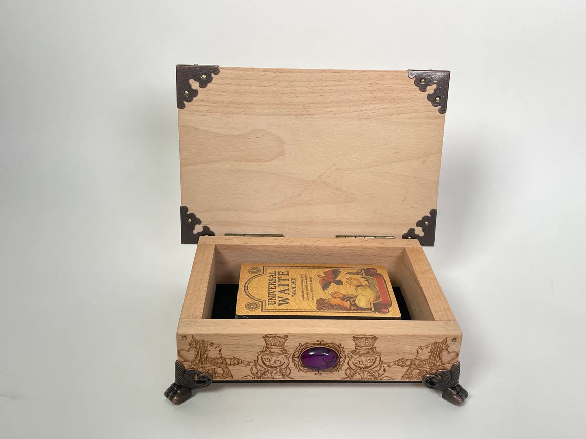 TAROT Alice in wonderland box, Alice in the wonderland tarot box handmade from solid wood, Cheshire Cat, wonderland gift. - Forgotten Engravings tarot-in-wonderland-box-alice-in-the-wonderlan