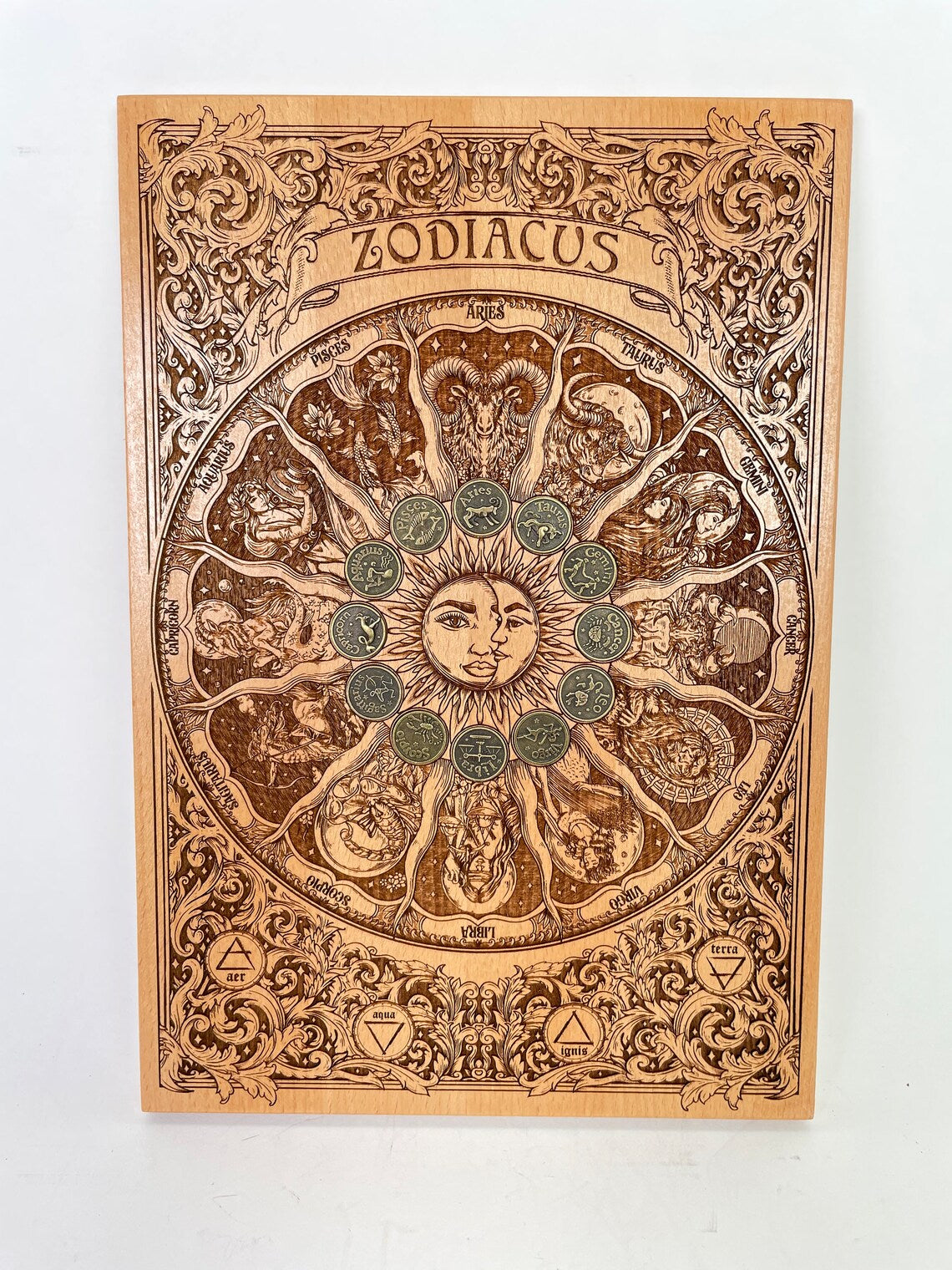 Wheel of the zodiac wall decor with alchemy horoscope symbols and metals zodiac coins engraved in solid wood Alchemical zodiac wiccan decor