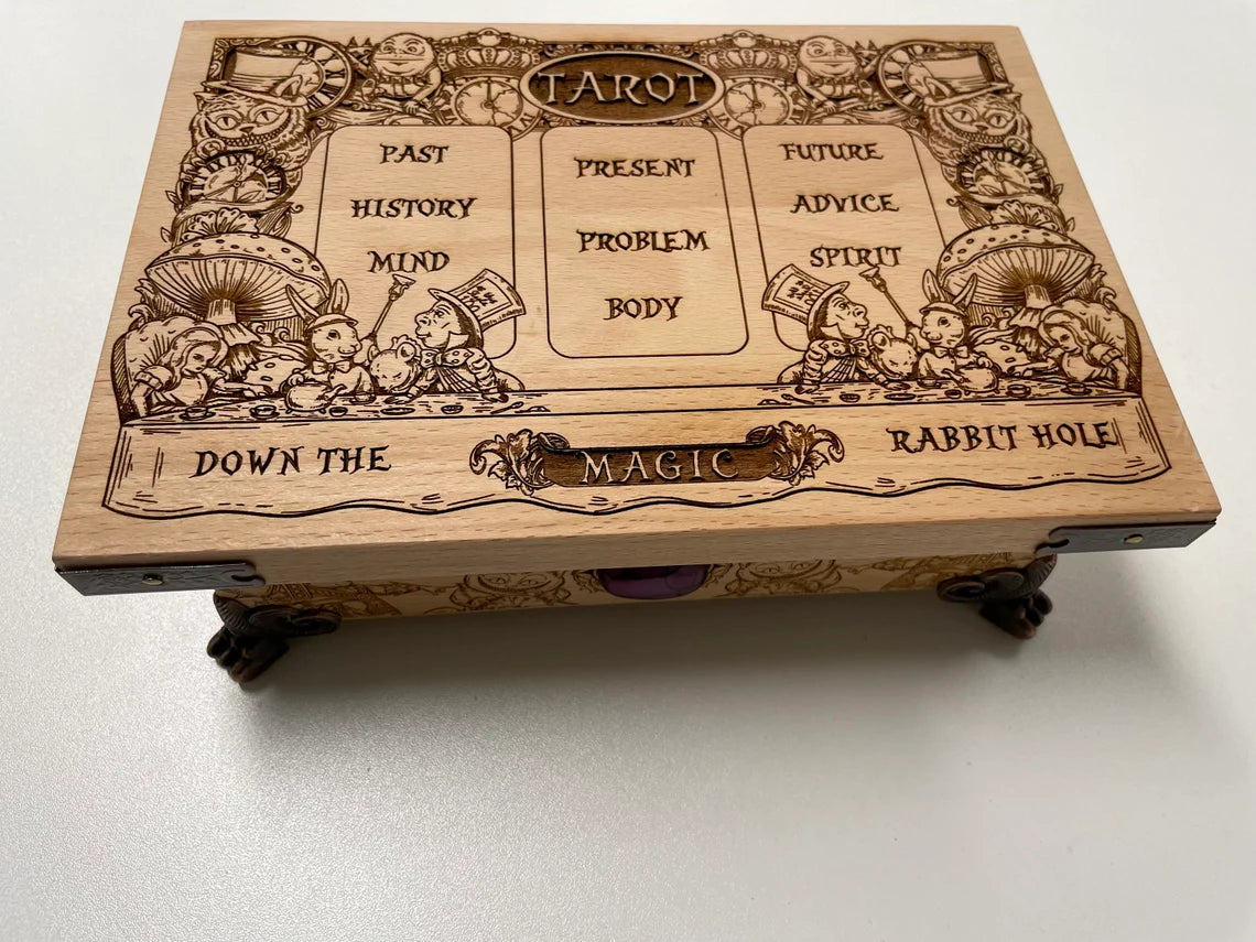 TAROT Alice in wonderland box, Alice in the wonderland tarot box handmade from solid wood, Cheshire Cat, wonderland gift. - Forgotten Engravings tarot-in-wonderland-box-alice-in-the-wonderlan