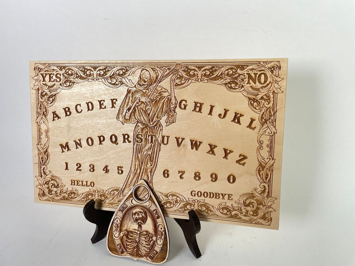 Wooden Ouija board Memento mori Spiritus Tabula engraved with planchette, Ouija board with vintage design, spirit Board death playing violin.