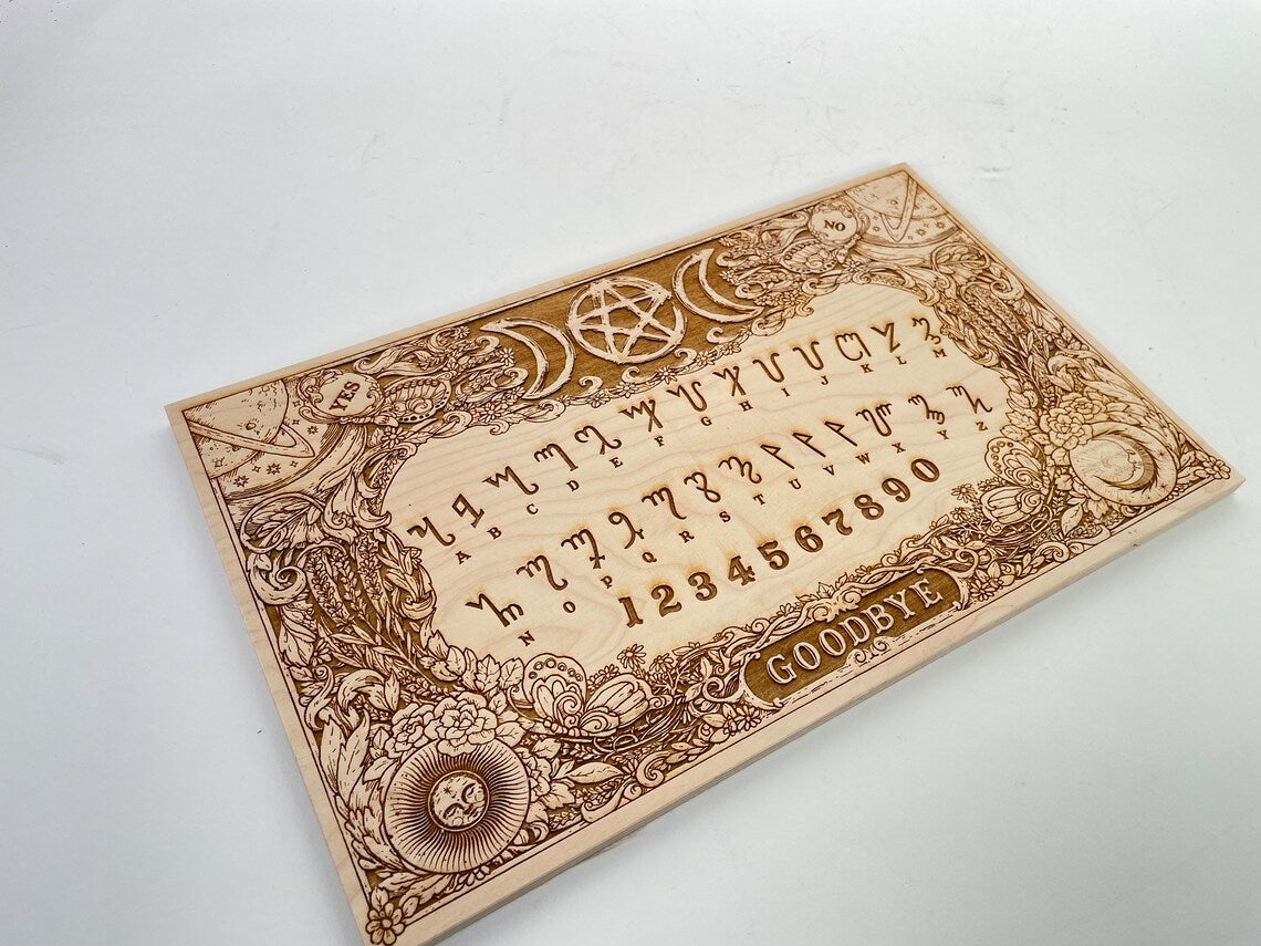 Witchcraft Ouija board wood engraved with Theban alphabet and triple moon pentacle, floral pagan wooden positive wiccan Ouija game.