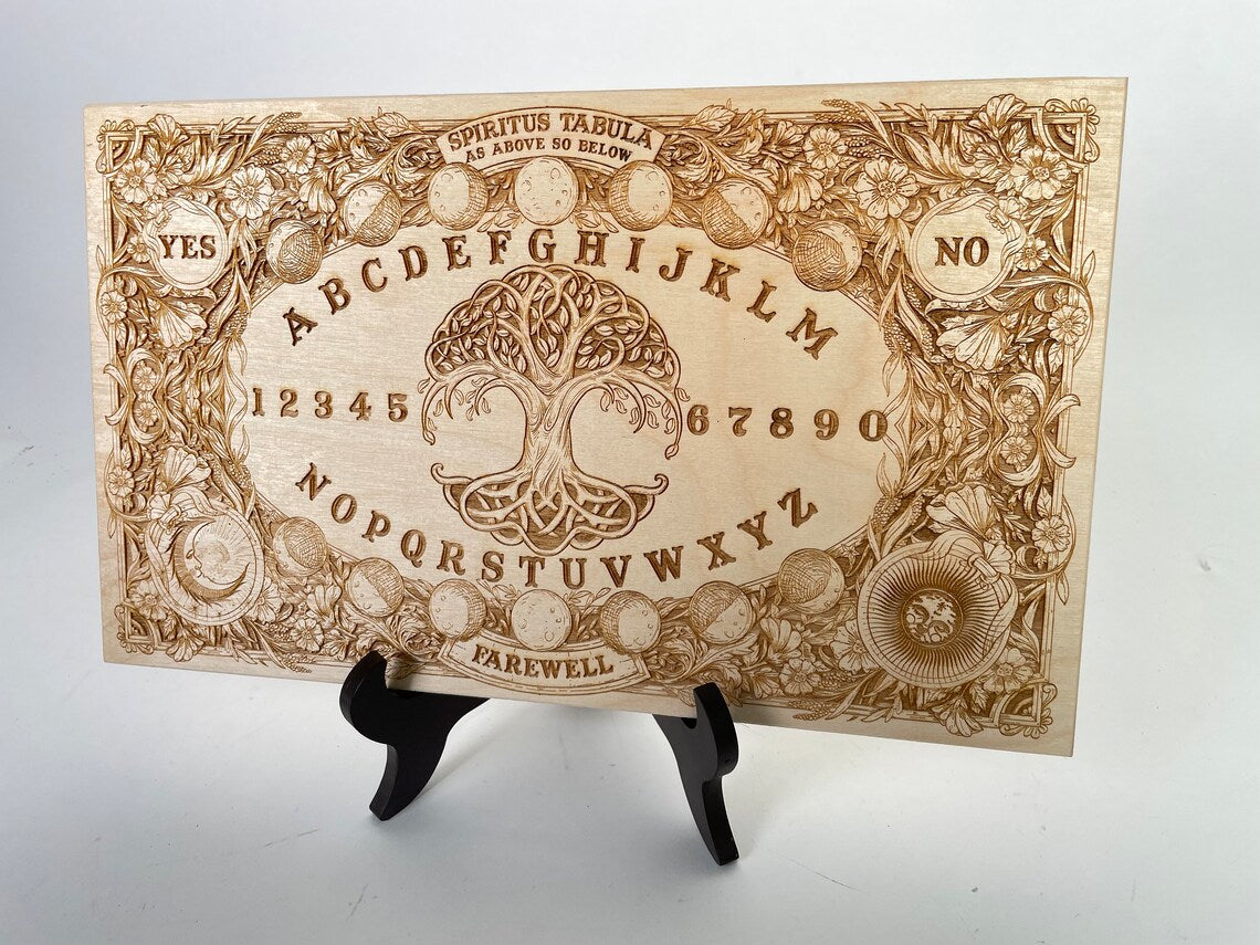 Ouija board wood engraved with Yggdrasil tree of life, floral moon pagan spirit board with sun and moon planchette, wiccan witchy gifts