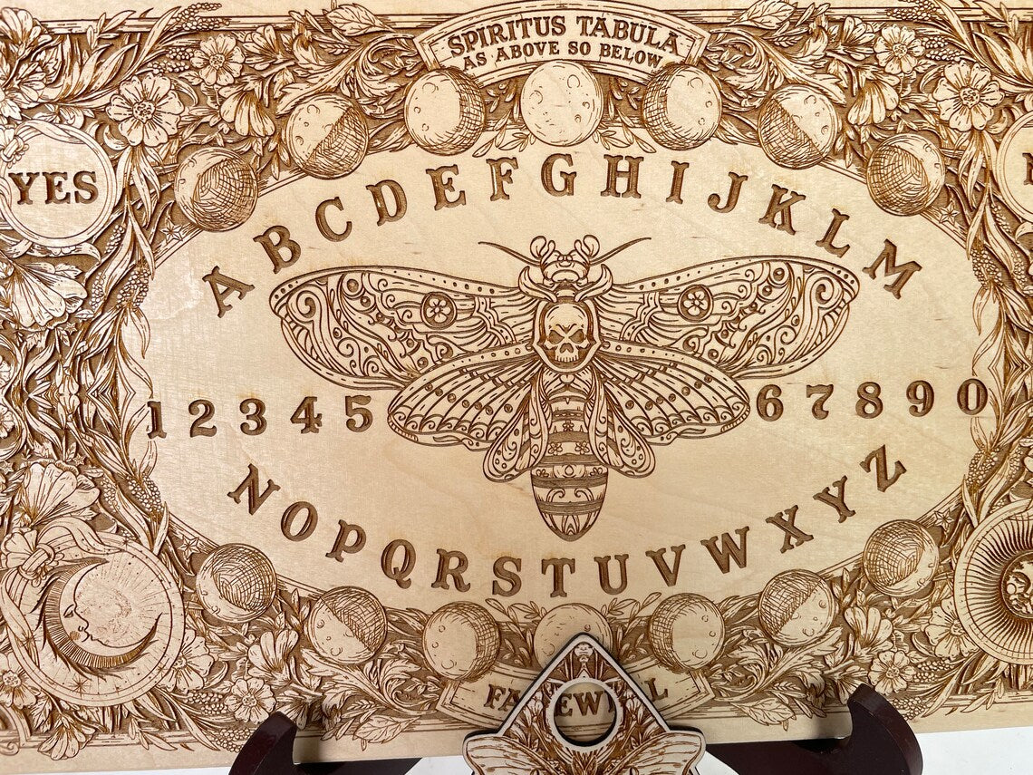 Ouija board wood engraved with Deaths head hawk moth, moon pagan spirit board with sun and moon planchette, wiccan witchy gift for her