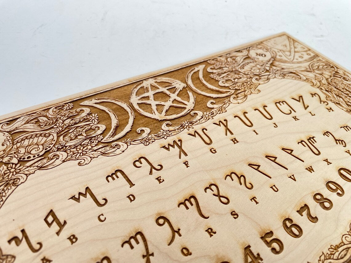 Witchcraft Ouija board wood engraved with Theban alphabet and triple moon pentacle, floral pagan wooden positive wiccan Ouija game.