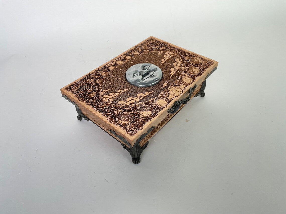 Happy Moon tarot deck storage, jewelry box, deck organizer engraved solid wood, custom tarot deck holder, moon phases, custom altar box - Forgotten Engravings