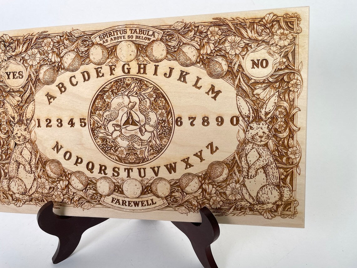 Ouija board wood engraved with Ostara symbol, floral moon pagan spirit board with sun and moon planchette, witchy gifts