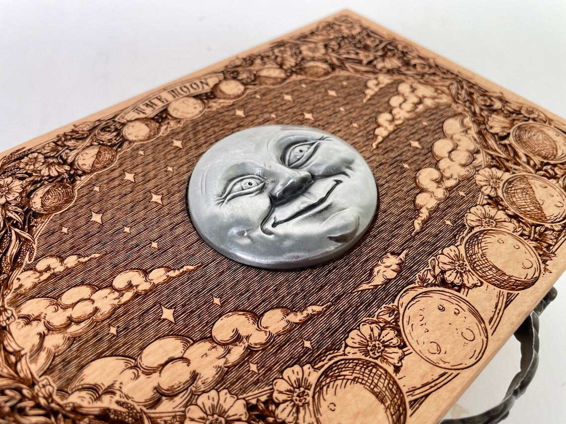 Happy Moon tarot deck storage, jewelry box, deck organizer engraved solid wood, custom tarot deck holder, moon phases, custom altar box - Forgotten Engravings