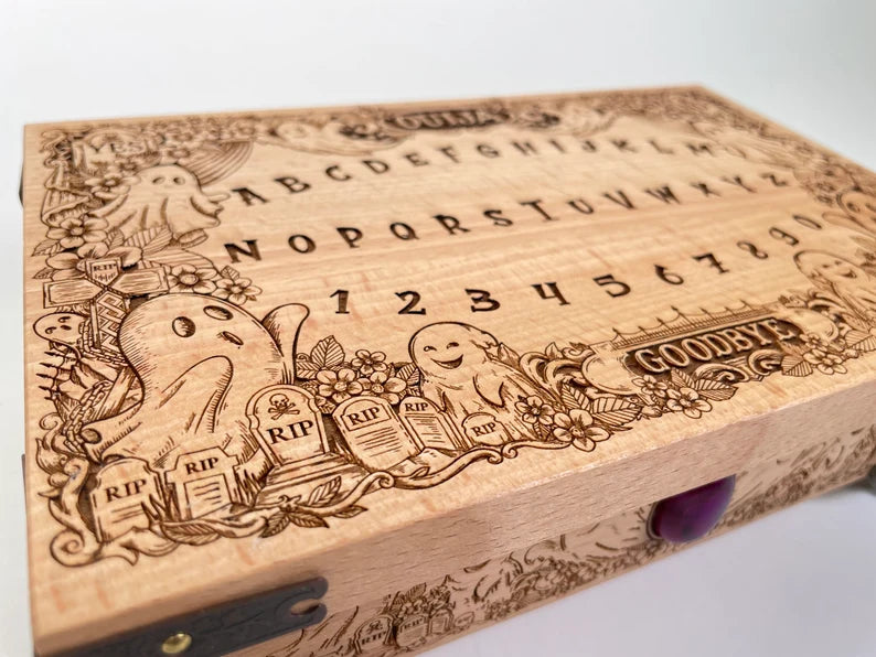 Tarot box wood with cute Ouija board cover engraving, tarot deck holder keepsake box, ghost jewelry box. - Forgotten Engravings 