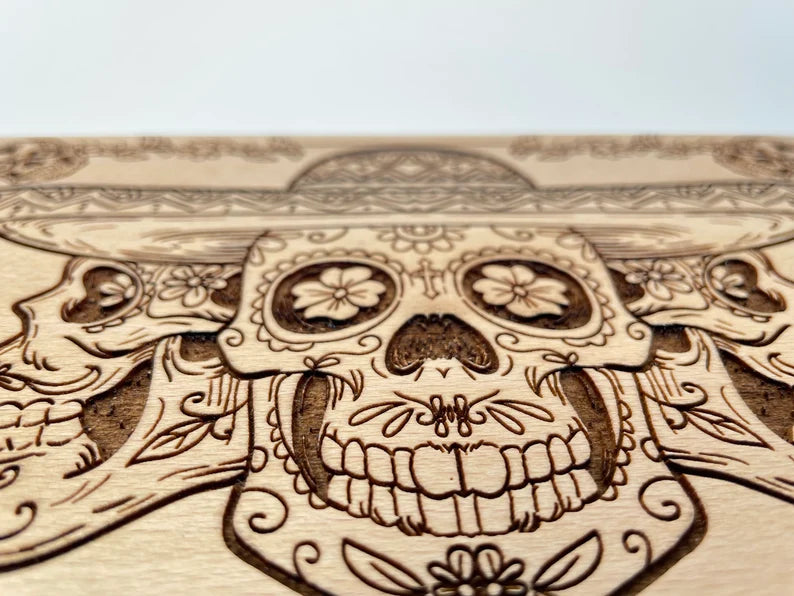 Sugar Skull keepsake box ,cover engraved with day of the dead theme, wooden dia de los Muertos tarot box, wooden Tarot jewelry box. - Forgotten Engravings sugar-skull-keepsake-box-cover-engra
