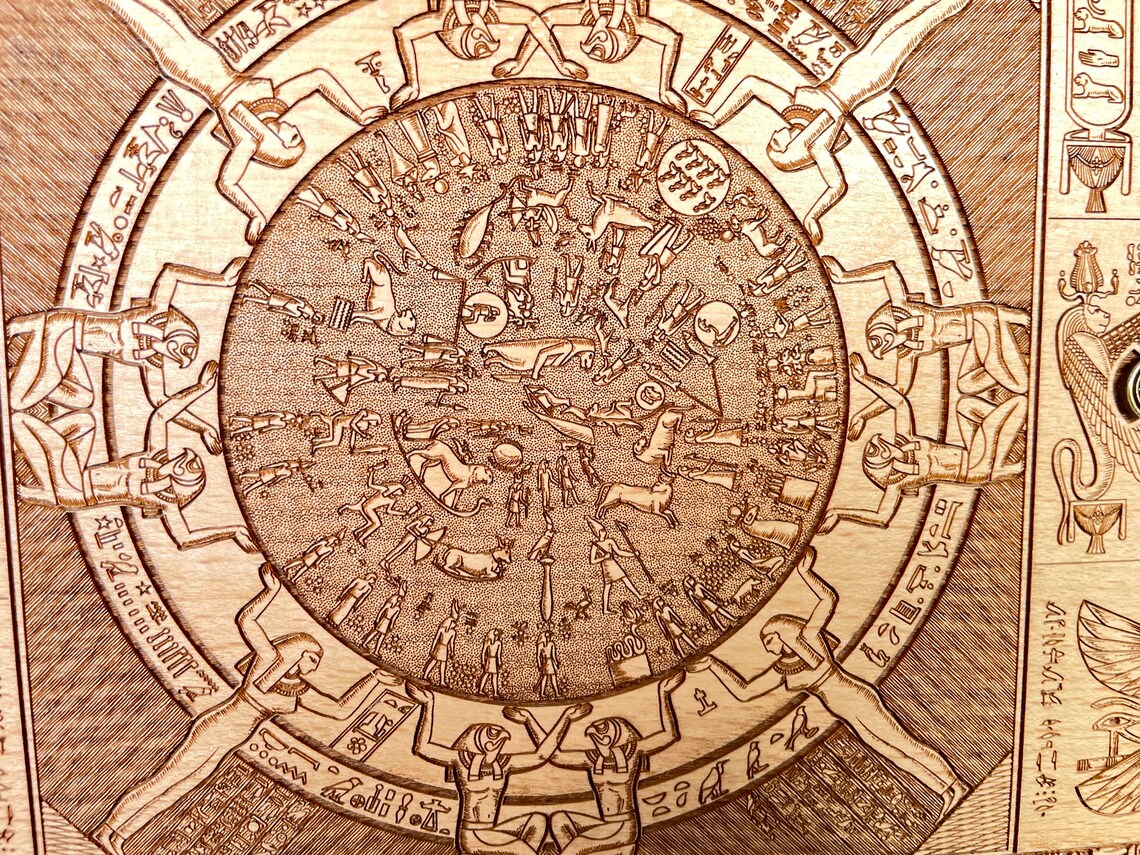 Egyptian decor, Dendera zodiac, wall decor carved, zodiac of Dendera, Thoth, Osiris 13.7 inch ankh and scarab. - Forgotten Engravings