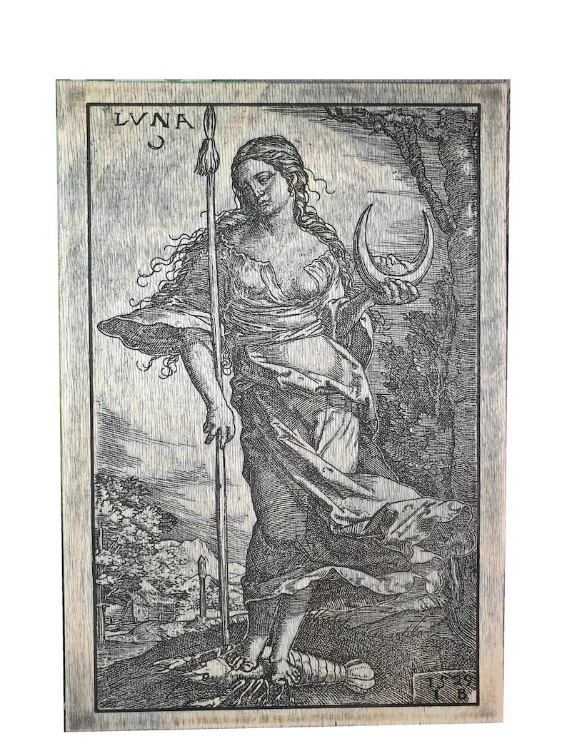Moon goddess wall decor, Home Decor WOOD ENGRAVING reproduction (1605) - NOT a print, Selene Wicca Goddess, Luna wall decor. - Forgotten Engravings moon-goddess-wall-decor-home-decor-wood-eng